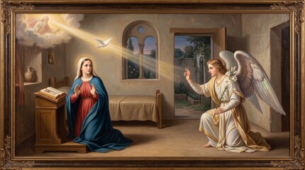 Fototapeta premium Annunciation scene with angel Gabriel appearing to virgin Mary kneeling in prayer. Classic religious oil painting in vintage frame with dove and divine