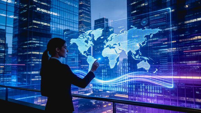 Businesswoman Interacts with Holographic World Map Data