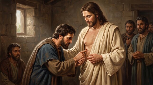 Doubting apostle thomas touching wound of jesus christ. Biblical scene of resurrection proof and faith. Religious painting of disciples in ancient room for christian church and easter concept