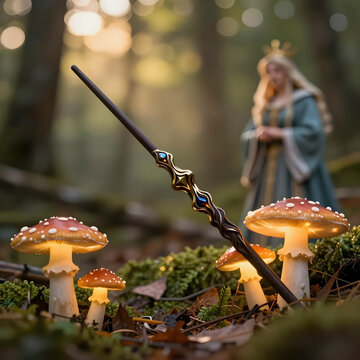 Fantasy magic and enchantment, ornate wizard wand with glowing mushrooms in a mystical forest with a blurred queen figure in the background
