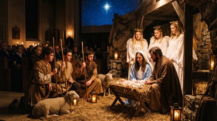 Fototapeta premium Live christmas nativity scene in church with actors as mary joseph shepherds and angels around baby jesus in manger. Bright star of bethlehem shining over