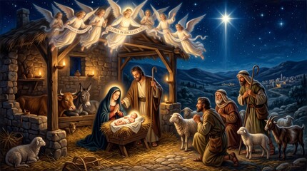 Fototapeta premium Christian nativity scene with baby Jesus in manger, Mary and Joseph, shepherds and angels above stable under bright star of