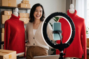 Obraz premium Young female entrepreneur smiles livestreaming fashion products from home office. Happy woman presents red sweaters on mannequins using ring light, smartphone. Small business owner manages online
