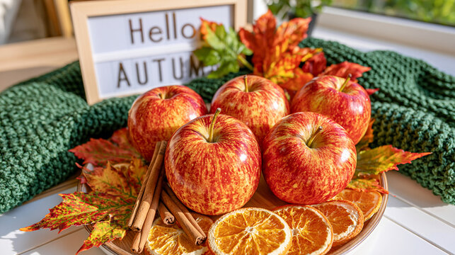 Cozy autumn morning flat lay with a forest green knitted blanket beside a luminous light box displaying Hello, Autumn, fresh apples, cinnamon sticks, dried orange slices and colorful autumn leaves, 