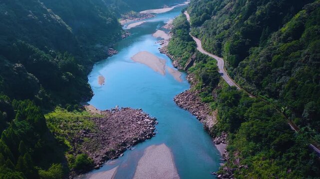 Aerial View of Kumano River, Summer in Wakayama Japan, 4k