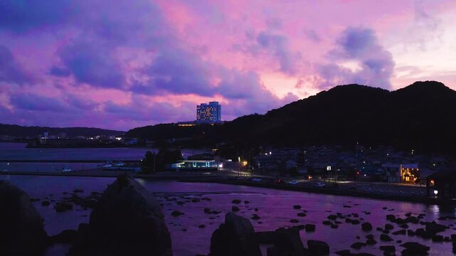 Pink Sunset over Wakayama, Japan. Hashiguiiwa Rocks Coastline