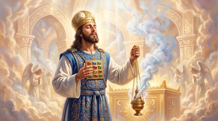Fototapeta premium High priest in sacred vestments with breastplate holding golden censer with incense smoke in heavenly temple. Biblical priest praying among angels and