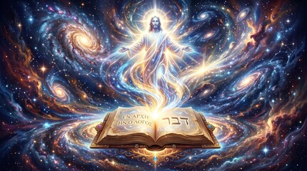Fototapeta premium Radiant figure of Jesus Christ emerging from open holy bible in cosmic universe with glowing galaxies and stars. Divine light and spiritual creation