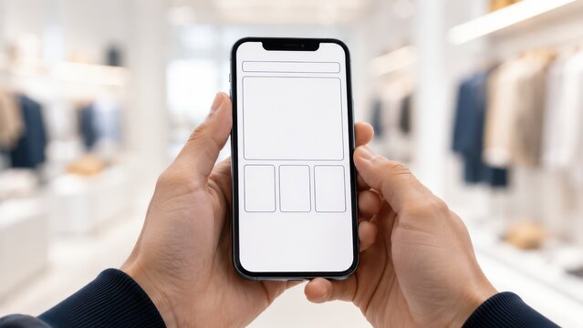 Hands holding a smartphone with a blank shopping page wireframe