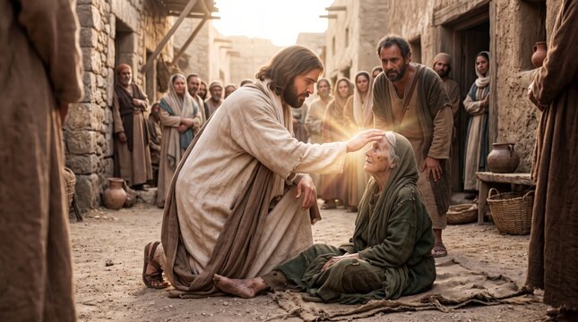 Jesus healing an old woman sitting on the street of ancient village. Biblical scene of compassion and miracle. Religious concept for church, Easter and Christian faith