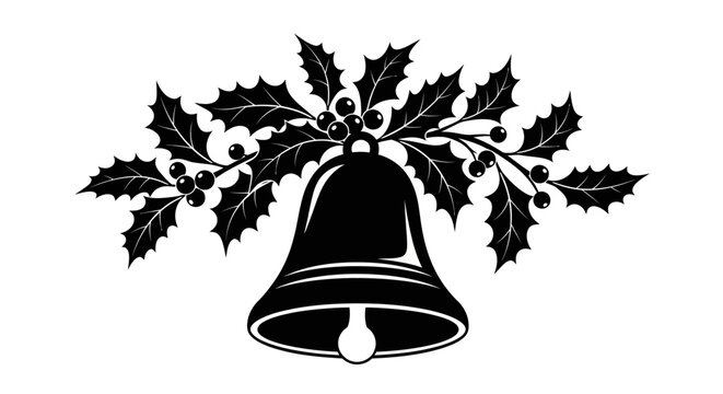 Christmas bell with holly leaves with white illustration christmas plain white background adorned holly black white celebration decorative with seasonal