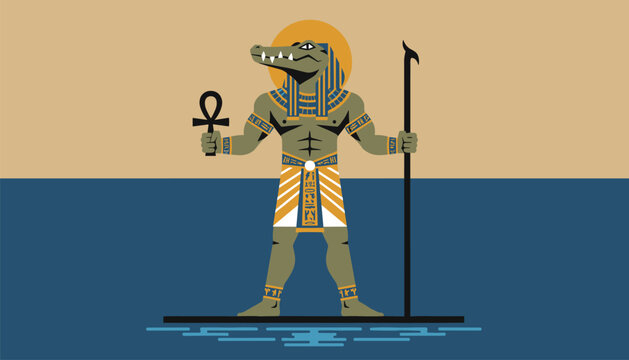Powerful depiction of the ancient egyptian god sobek with a crocodile head holding an ankh and a staff over water.