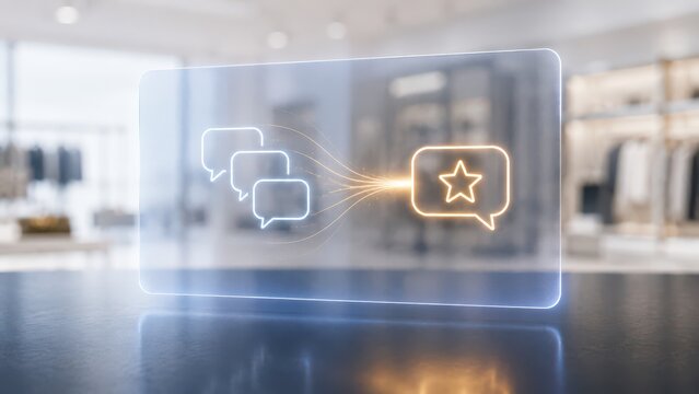 Glowing customer feedback interface with chat bubbles and star