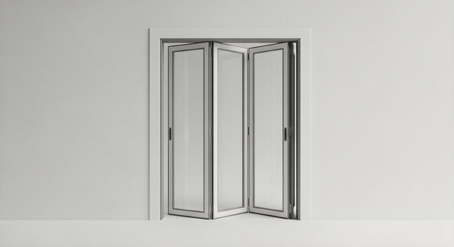 Modern white folding glass door system installed in a minimalist interior wall for residential home architecture and interior design