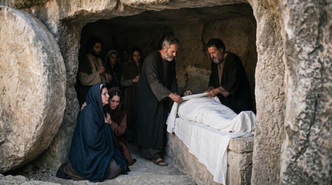 Burial of Jesus Christ in stone tomb. Men wrapping body in white shroud while mourning women weep at cave entrance with rolled stone. Biblical scene of grief and