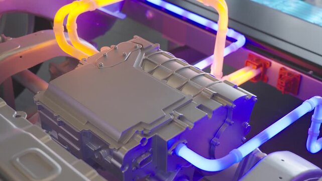 Detail shot of a model of an electric vehicle powertrain in Germany, highlighting battery components, metal drivetrain parts, and advanced energy flow technology for clean mobility, UHD