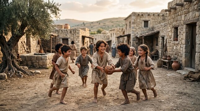 Children playing ball in ancient biblical village street. Happy kids running and laughing in old stone town of Judea. Childhood, friendship and joy in historical rural