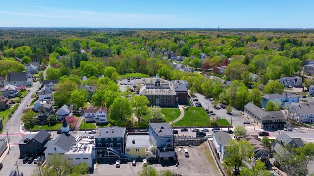 North Easton Grammar School building aerial view at 115 Main Street in village of North Easton, town of Easton, Bristol County, Massachusetts MA, USA. 