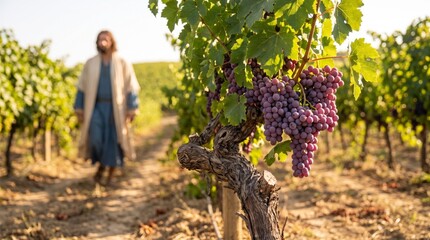 Obraz premium Man walking in vineyard among rows of grapevines with ripe purple grape clusters on old vine in foreground. Biblical figure in robes in sunlight. Concept of harvest, faith and