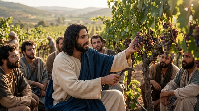 Jesus teaching disciples in vineyard holding grapes and pruning hook. Biblical parable of the true vine. Religious story of harvest and faith for christian education and church materials