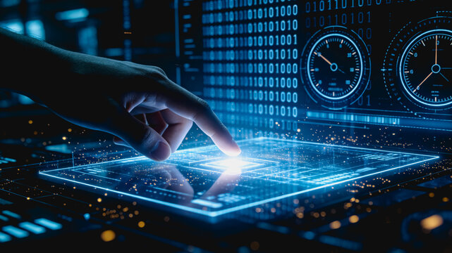 Human Hand Interacts With Holographic Digital Interface and Data