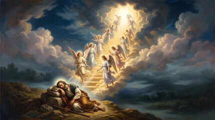 Fototapeta premium Jacobs dream biblical story. Man sleeping on stone with staff while angels ascend and descend golden staircase to heaven in clouds. Religious painting of divine vision, faith and hope concept