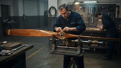 Obraz premium Skilled craftsman assembling propeller in industrial workshop with tools