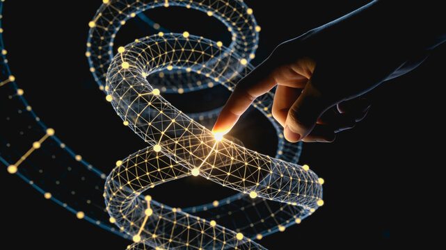 Hand touching digital DNA helix structure in futuristic tech scene