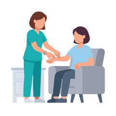 Obraz premium Female Nurse in Teal Scrubs Checking Pulse of Seated Patient During Home Health Visit Illustration