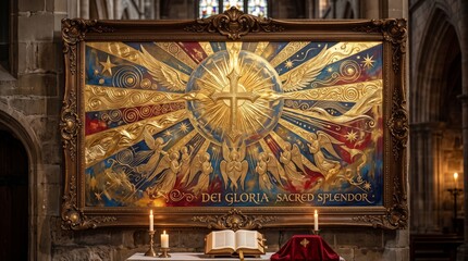 Fototapeta premium Ornate golden religious painting with cross and angels in baroque frame on cathedral altar. Sacred glory of god with open bible and burning candles. Christian faith, worship and church art concept