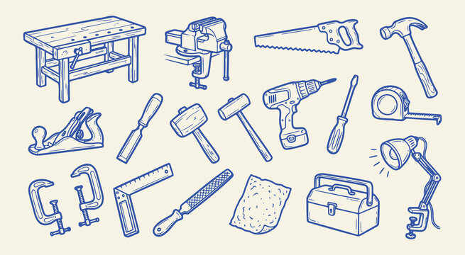 Doodle set of various carpentry and construction tools, handdrawn vector illustration of woodworking equipment for diy projects and workshop
