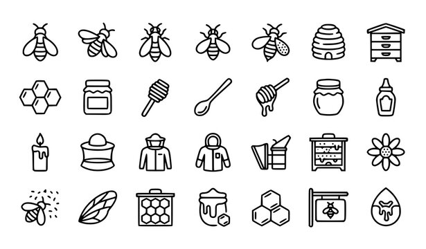 Honey Bee Beekeeping Beehive Thin Line Vector Icon Set