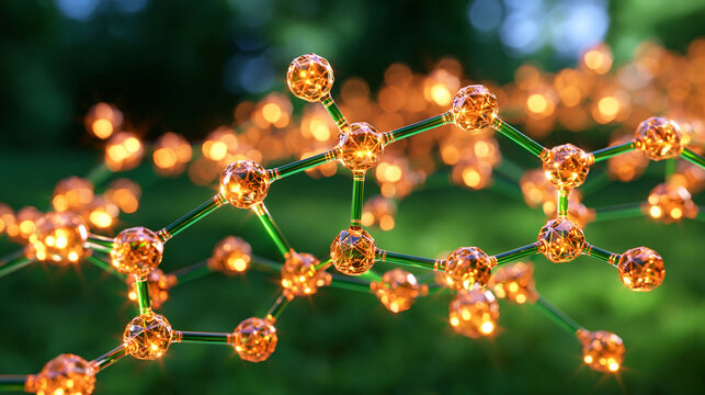 Radiant yellow and green abstract molecular hybrid structure resembling a machine learning neural network, interconnected glowing nodes forming layered pathways and geometric clusters, artificial in