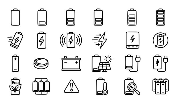 Battery Power Charging Energy Management Black Outline Vector Icons