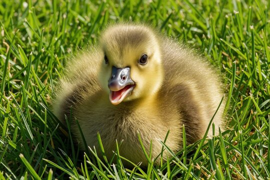 Small fluffy gosling sits in green grass. Baby goose beak open, cheeping. Wildlife bird chick close up outdoors. Nature scene with cute animal.