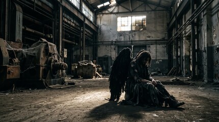 Fototapeta premium Fallen angel woman with black wings sitting on floor of abandoned factory. Sad fairy in dark tattered dress in old ruined warehouse. Loneliness, despair and lost hope