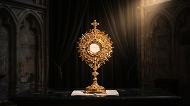 Golden catholic monstrance with holy communion host on dark marble altar in gothic church. Religious sacrament of eucharist and adoration concept. Sacred worship tradition and christian faith ceremony