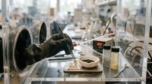 Transparent glovebox with powder samples, ceramic crucible, and chip scale material for microelectronics synthesis research.