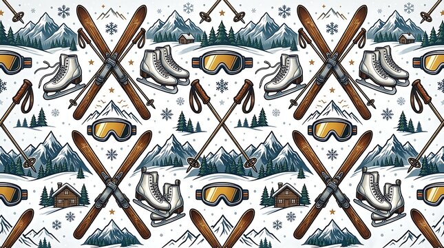 Alpine winter sports seamless pattern with retro skis, ice skates, goggles, and mountains