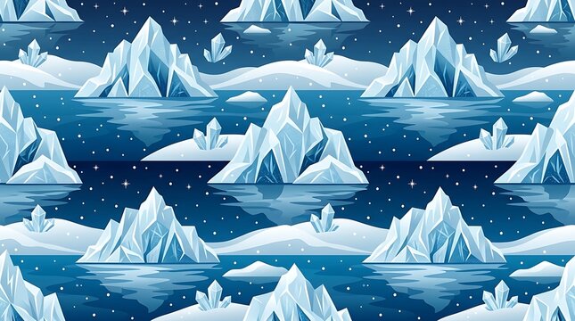 Arctic glaciers seamless pattern with majestic icebergs floating on dark freezing ocean waters