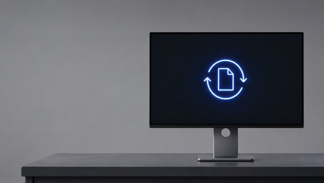 Desktop monitor displaying a blue glowing document sync icon