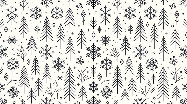 Minimalist Scandi winter seamless pattern with pine trees, snowflakes and simple black lines