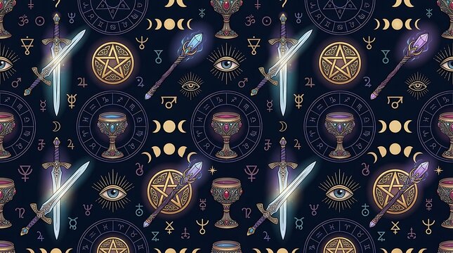 Mystical tarot cards seamless pattern with glowing magic symbols, swords, cups and pentacles
