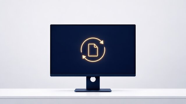 Desktop monitor displaying an orange glowing document sync icon