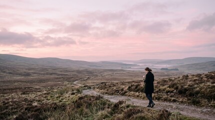 Obraz premium Woman holding a pink rose walks on a dirt path through a misty moorland at sunrise