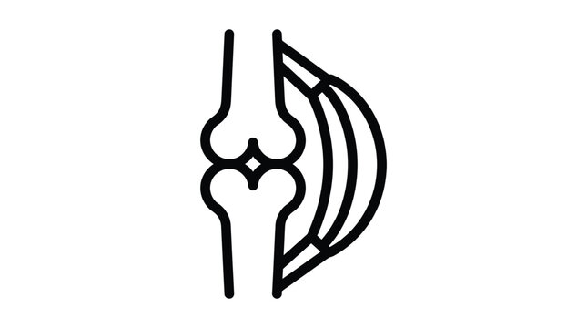 Stylized anatomical knee joint icon featuring bold black outlines in a clean flat vector design style