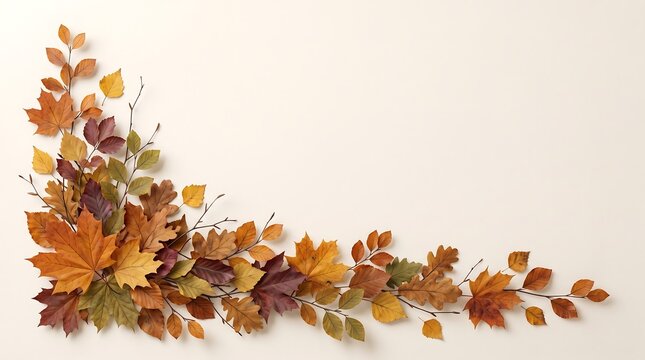 Decorative corner border made of colorful autumn leaves isolated on a white background