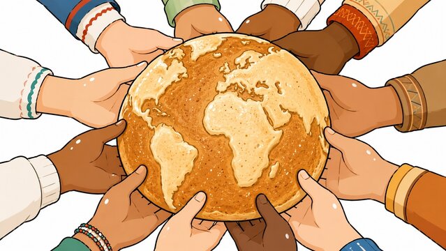 多様な人々が協力してパンの地球儀を支える世界平和と共生のイラストレーション