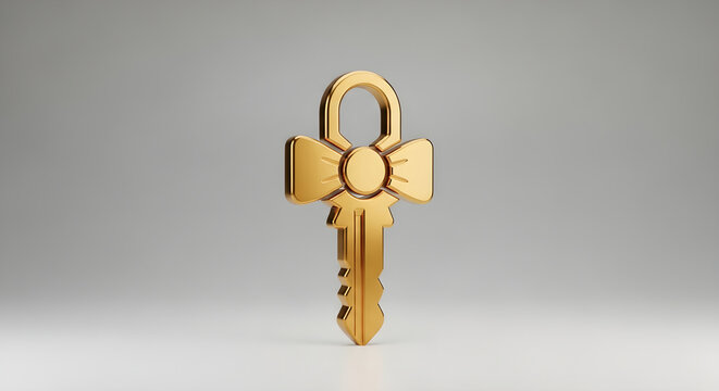 Golden Key Icon With Decorative Bow Ribbon Element Symbolizing Luxury Access Or Exclusive Gift Concept Isolated On Neutral Gray Background