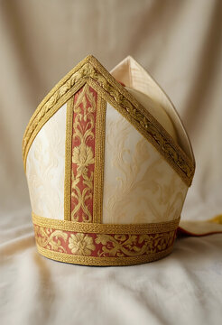 Religion and ecclesiastical tradition, ornate bishop mitre with gold embroidery and silk fabric for catholic liturgy and church ceremony vestments